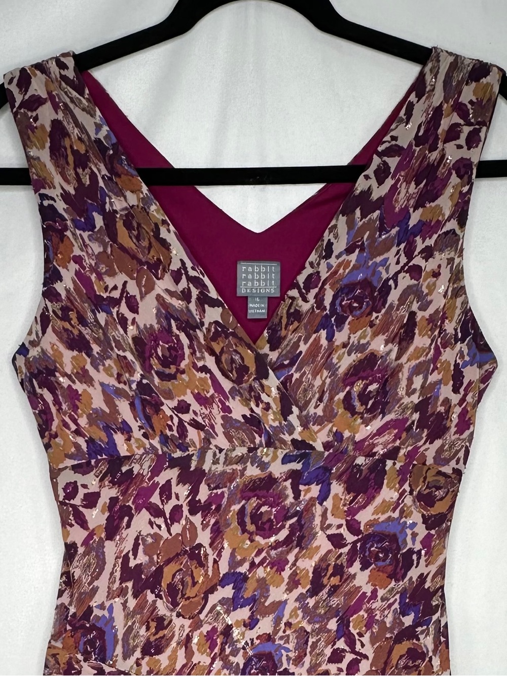 Rabbit Rabbit Rabbit Floral V-Neck Midi Dress Purple Tan Mix Asymmetrical Sz 16 - Picture 3 of 7